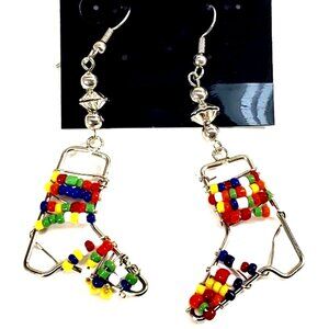 Handmade Colorful Beaded Silver tone Wire Drop Earrings Boho Festival Jewelry